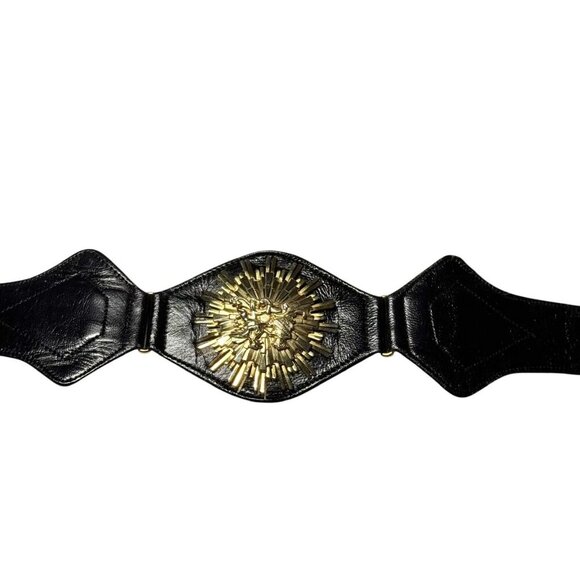 Womens Vintage 1980s Black Leather wide Statement Belt Gold Medallion Size XS - Picture 4 of 12